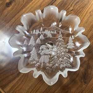 Vintage Frosted Christmas Angels Glass Plate Table Center